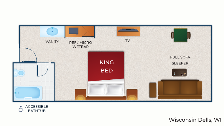 The floor plan for the Luxury King Suite (Accessible bathtub)